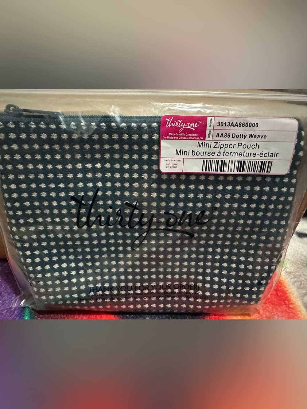 thirty-one teal mini zipper pouch with white dots